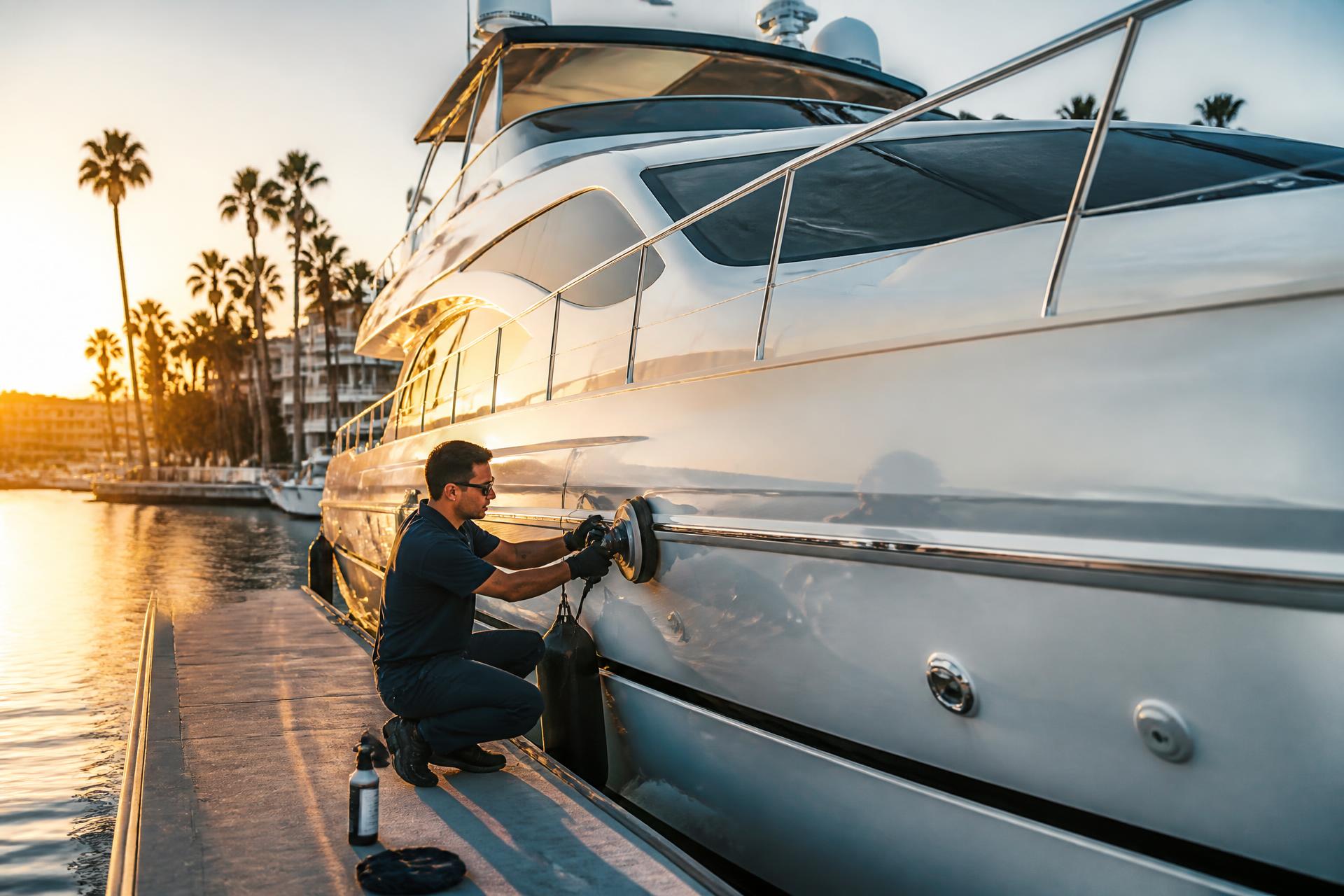 Detailer polishing a yacht at a Marina del Rey slip at golden hour